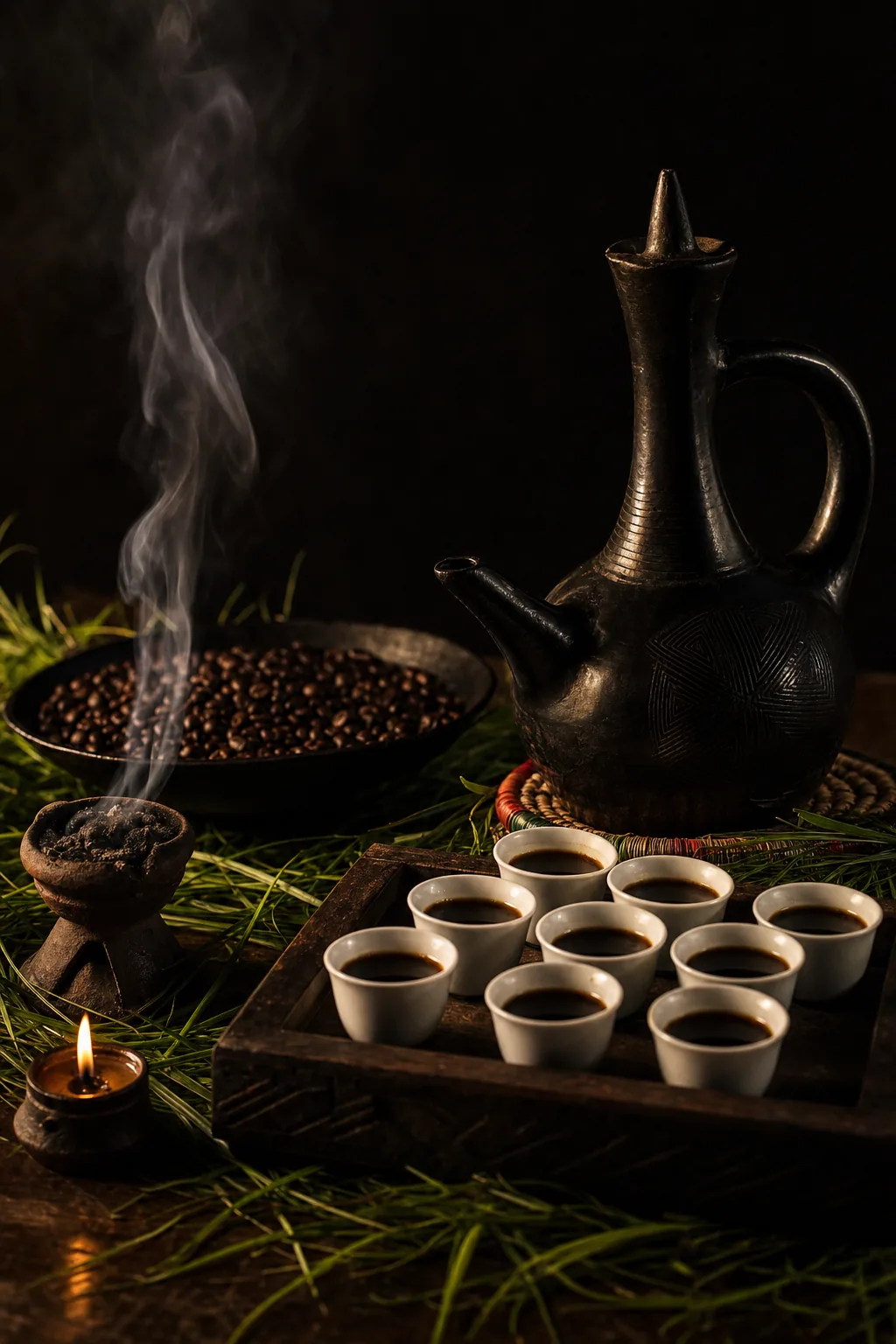 Jebena coffee pot, small cups and incense smoke