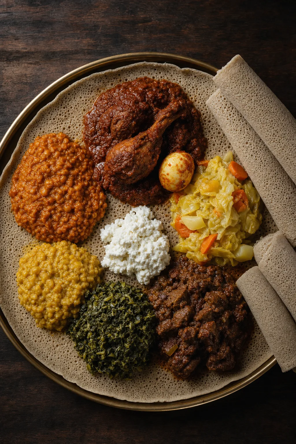 A platter of Ethiopian stews on injera