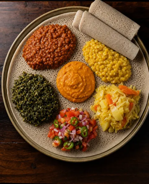 Vegetarian combination on injera